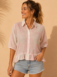 White & Pink Line-Art Botanical Peplum Cotton Top