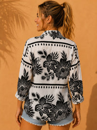 Black & White Monochromatic Block Floral Printed Cotton Shirt