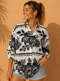 Black & White Monochromatic Block Floral Printed Cotton Shirt