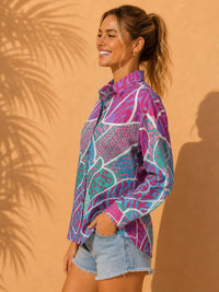 Magenta & Teal Retro Abstract Patchwork Printed Cotton Shirt