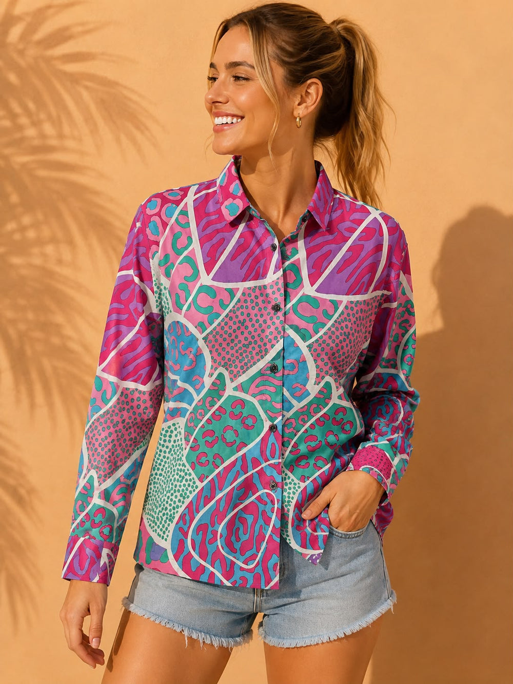 Magenta & Teal Retro Abstract Patchwork Printed Cotton Shirt