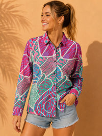 Magenta & Teal Retro Abstract Patchwork Printed Cotton Shirt