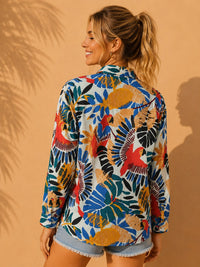 Multicolor Tropical Parrot & Botanical Printed Cotton Shirt