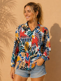 Multicolor Tropical Parrot & Botanical Printed Cotton Shirt