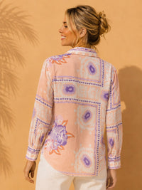 Peach & Lavender Tile Block Printed Cotton Linen Shirt