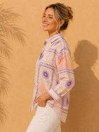 Peach & Lavender Tile Block Printed Cotton Linen Shirt