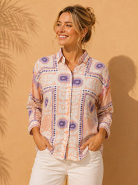 Peach & Lavender Tile Block Printed Cotton Linen Shirt