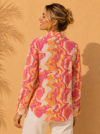 Pink & Orange Fluid Marble Printed Casual Cotton Linen Shirt