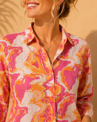 Pink & Orange Fluid Marble Printed Casual Cotton Linen Shirt