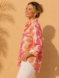 Pink & Orange Fluid Marble Printed Casual Cotton Linen Shirt