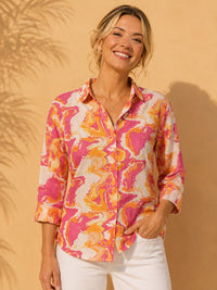 Pink & Orange Fluid Marble Printed Casual Cotton Linen Shirt