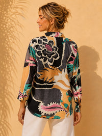 Black & Ochre Abstract Floral Printed Cotton Linen Shirt