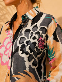 Black & Ochre Abstract Floral Printed Cotton Linen Shirt