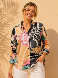 Black & Ochre Abstract Floral Printed Cotton Linen Shirt