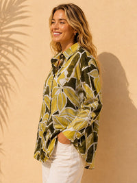 Olive & Lime Tropical Leaf Printed Casual Cotton Shirt