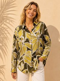 Olive & Lime Tropical Leaf Printed Casual Cotton Shirt
