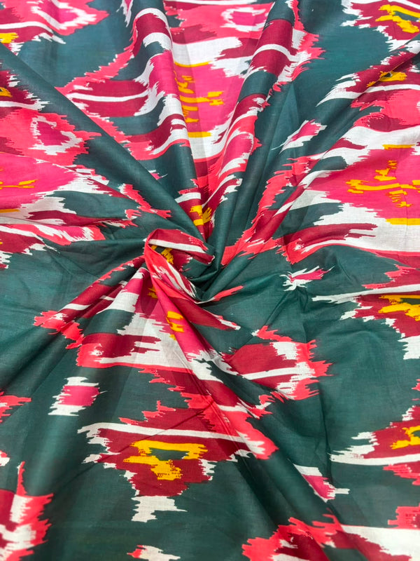 Teal & Magenta Contemporary Ikat Print Pure Cotton Fabric