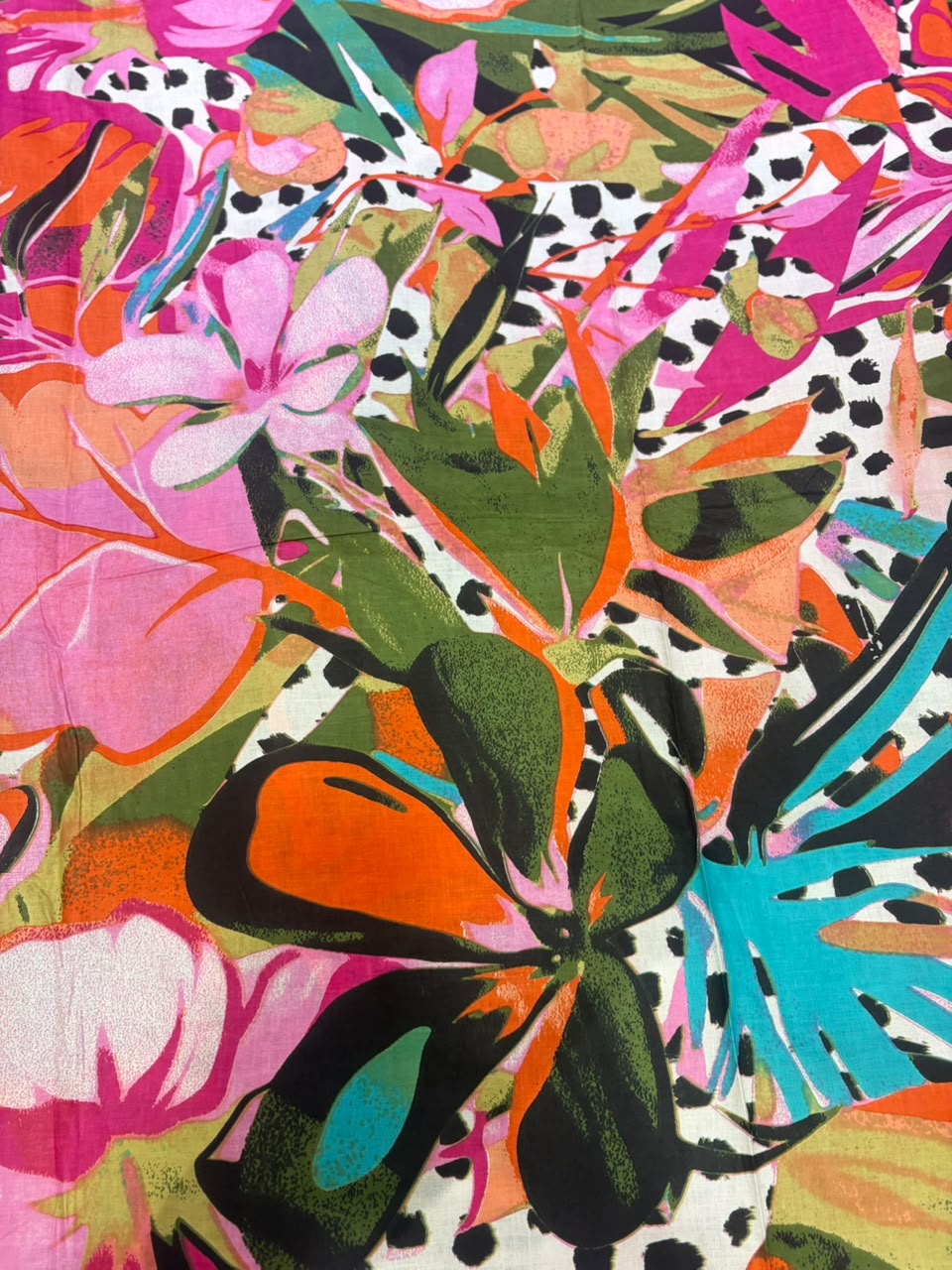 Vibrant Magenta & Orange Abstract Tropical Printed Pure Cotton Fabric