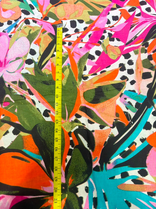Vibrant Magenta & Orange Abstract Tropical Printed Pure Cotton Fabric