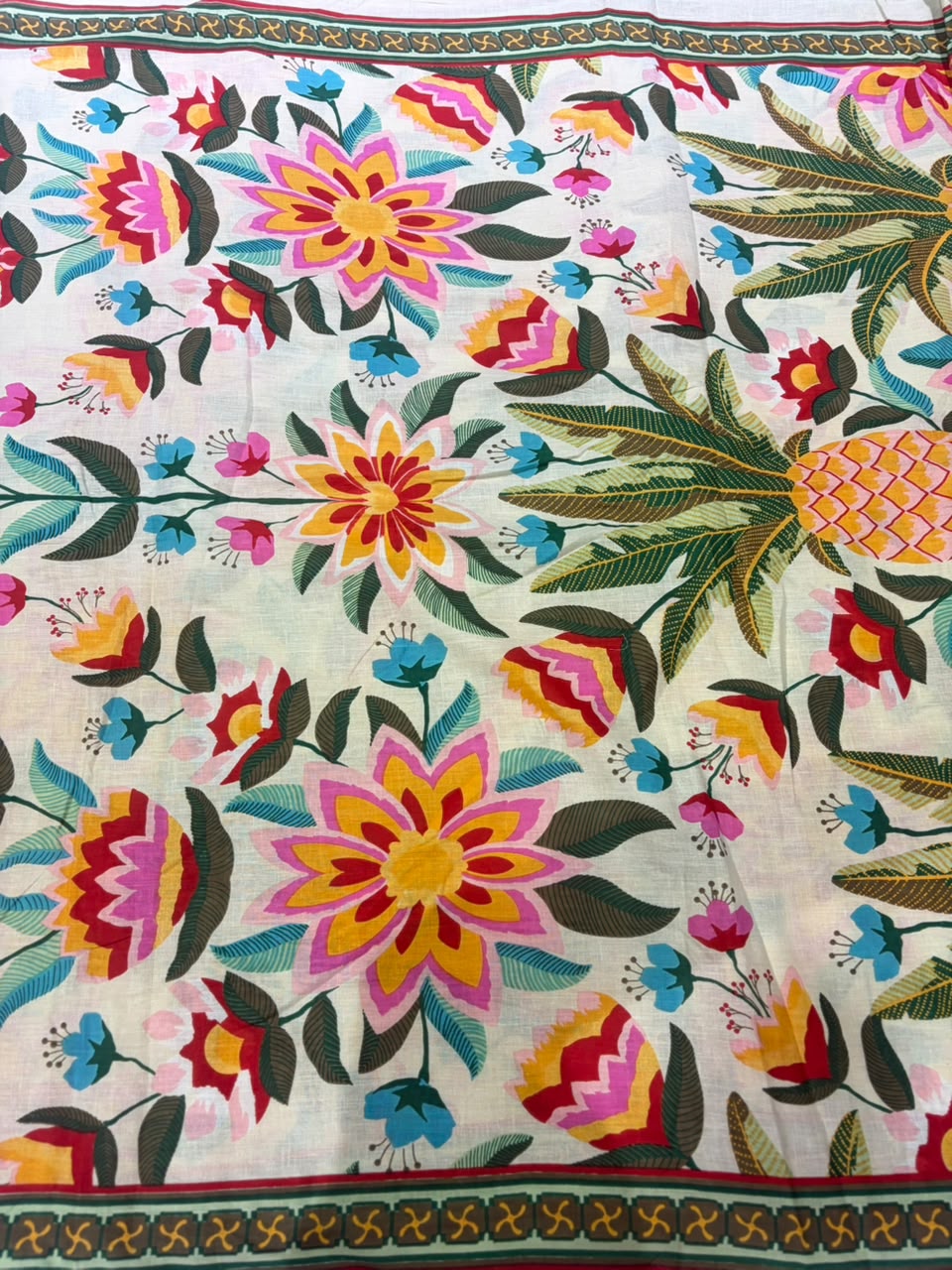 Multicolor Tropical Floral & Border Printed Pure Cotton Fabric