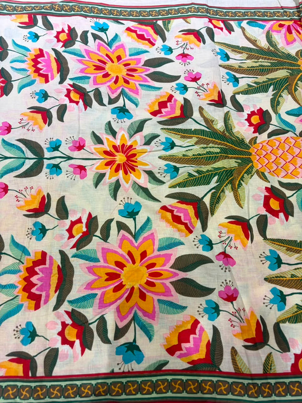 Multicolor Tropical Floral & Border Printed Pure Cotton Fabric
