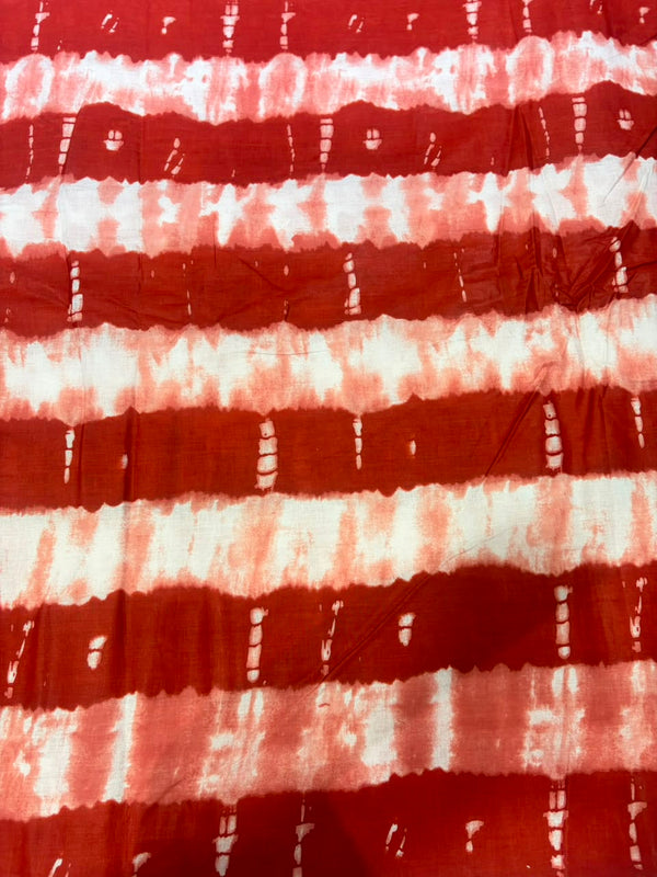 Rust Red & Off-White Shibori Leheriya Stripe Printed Pure Cotton Fabric