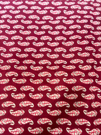 Maroon & Baby Pink Feather Paisley Block Print Pure Cotton Fabric