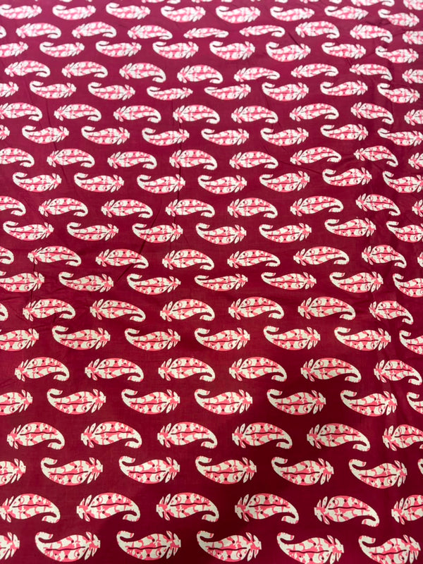 Maroon & Baby Pink Feather Paisley Block Print Pure Cotton Fabric