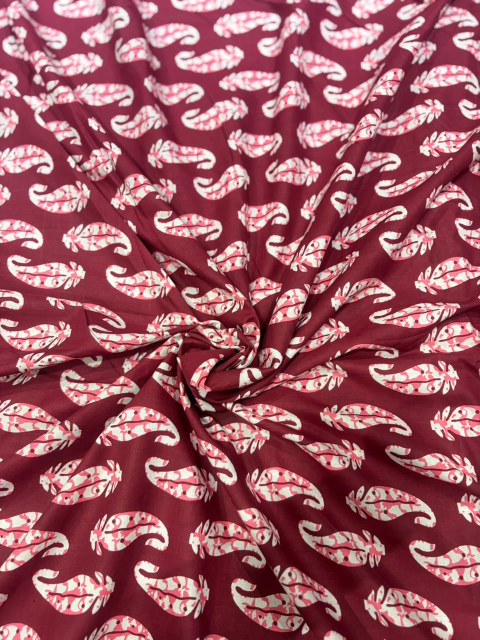Maroon & Baby Pink Feather Paisley Block Print Pure Cotton Fabric