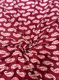 Maroon & Baby Pink Feather Paisley Block Print Pure Cotton Fabric