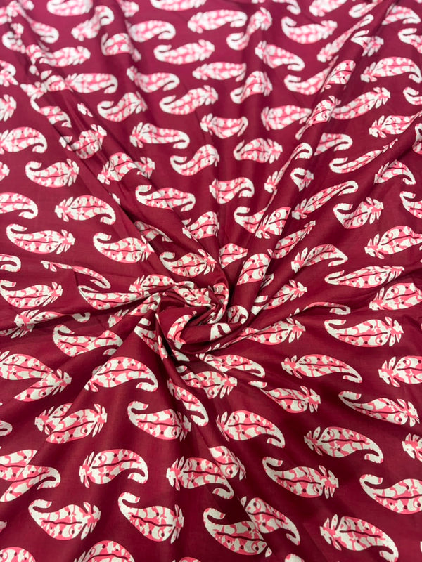 Maroon & Baby Pink Feather Paisley Block Print Pure Cotton Fabric