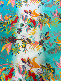 Aqua Teal & Coral Tropical Floral Printed Pure Cotton Fabric