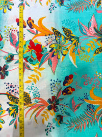 Aqua Teal & Coral Tropical Floral Printed Pure Cotton Fabric