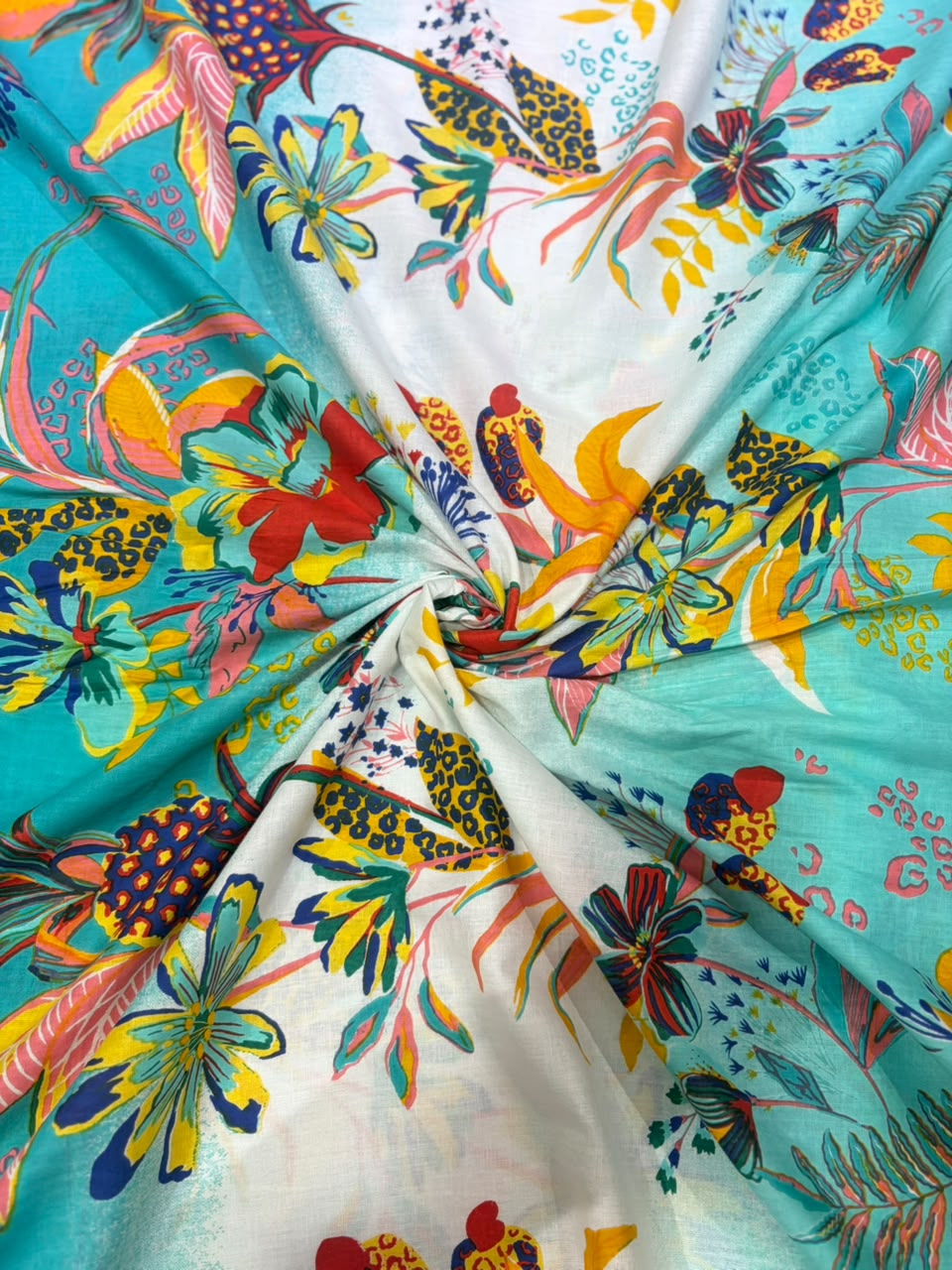 Aqua Teal & Coral Tropical Floral Printed Pure Cotton Fabric