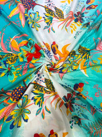 Aqua Teal & Coral Tropical Floral Printed Pure Cotton Fabric