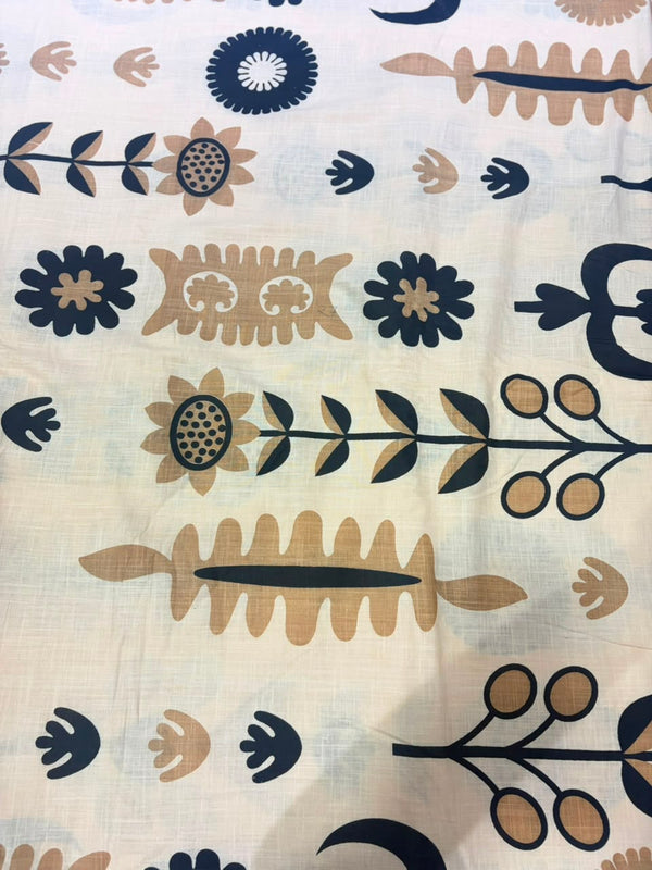 Beige & Navy Scandinavian Abstract Botanical Pure Cotton Fabric