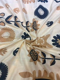 Beige & Navy Scandinavian Abstract Botanical Pure Cotton Fabric