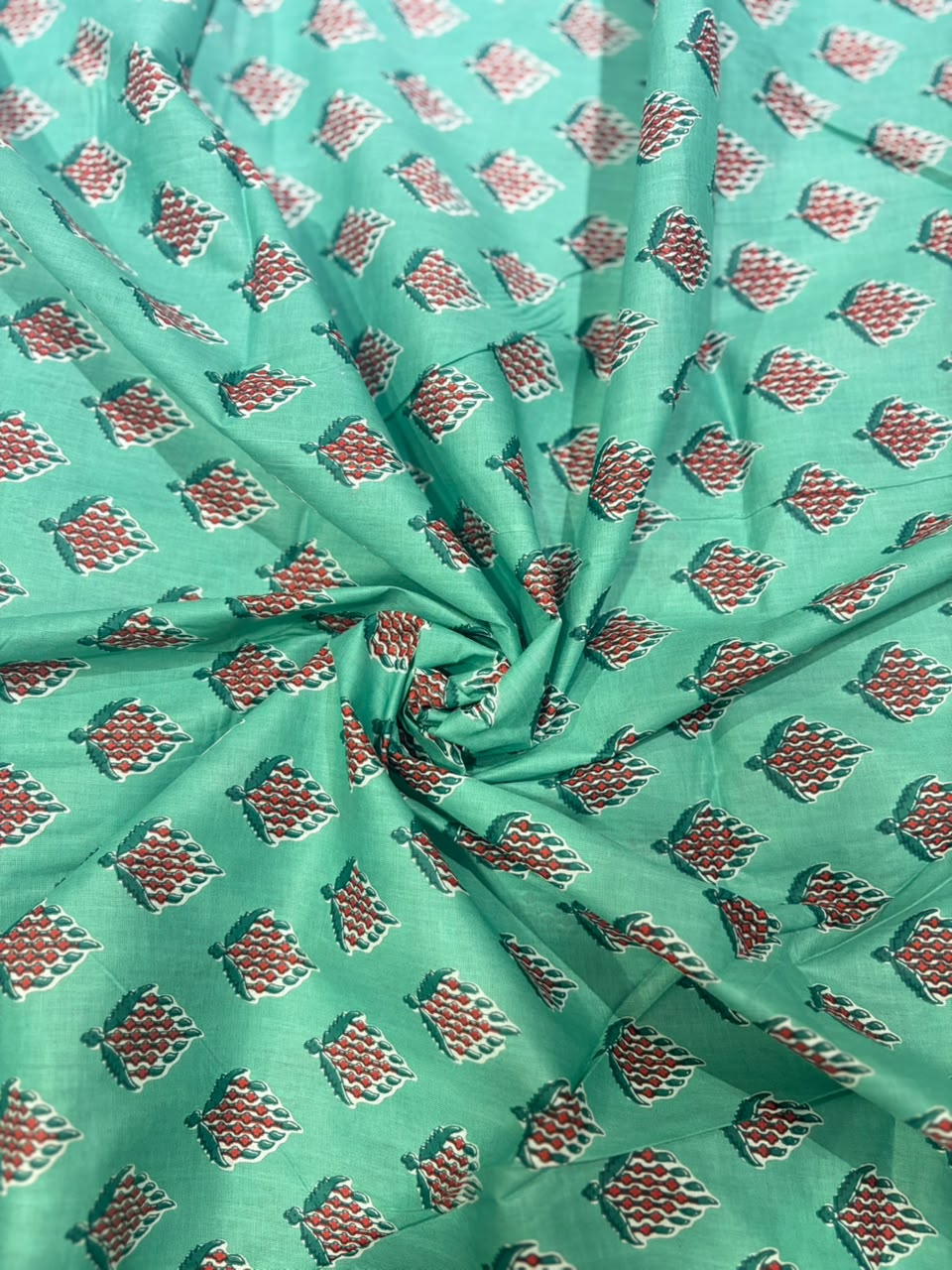 Sea Green Sanganeri Small Booti Print Pure Cotton Fabric