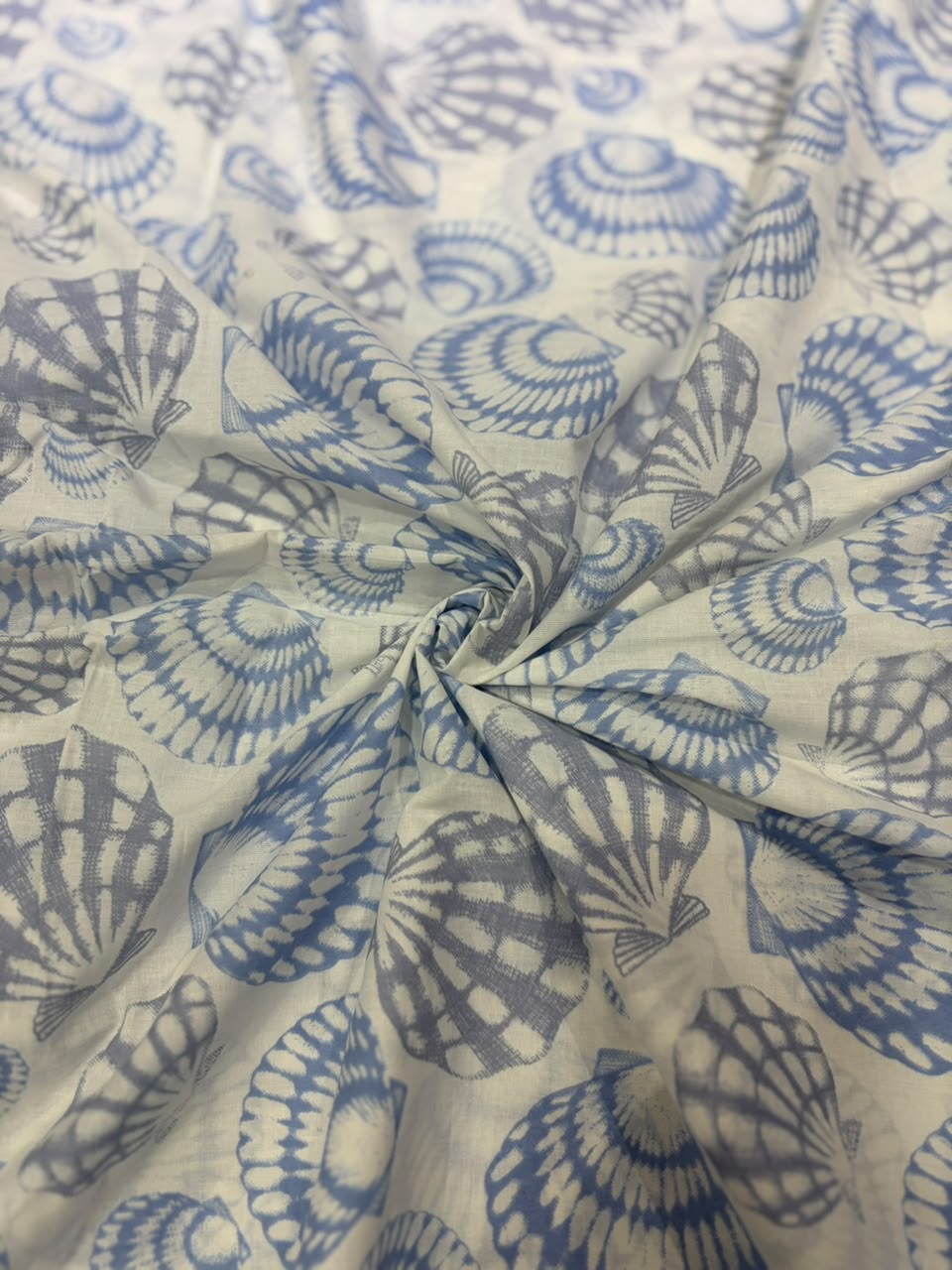 Ocean Blue Sea Shell Block Printed Pure Cotton Fabric