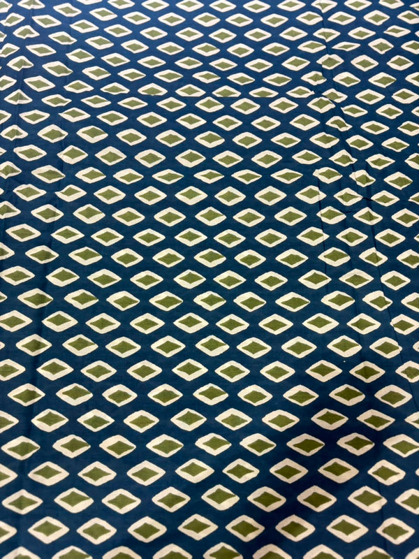 Indigo & Olive Green Diamond Geometric Block Printed Pure Cotton Fabric