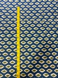 Indigo & Olive Green Diamond Geometric Block Printed Pure Cotton Fabric