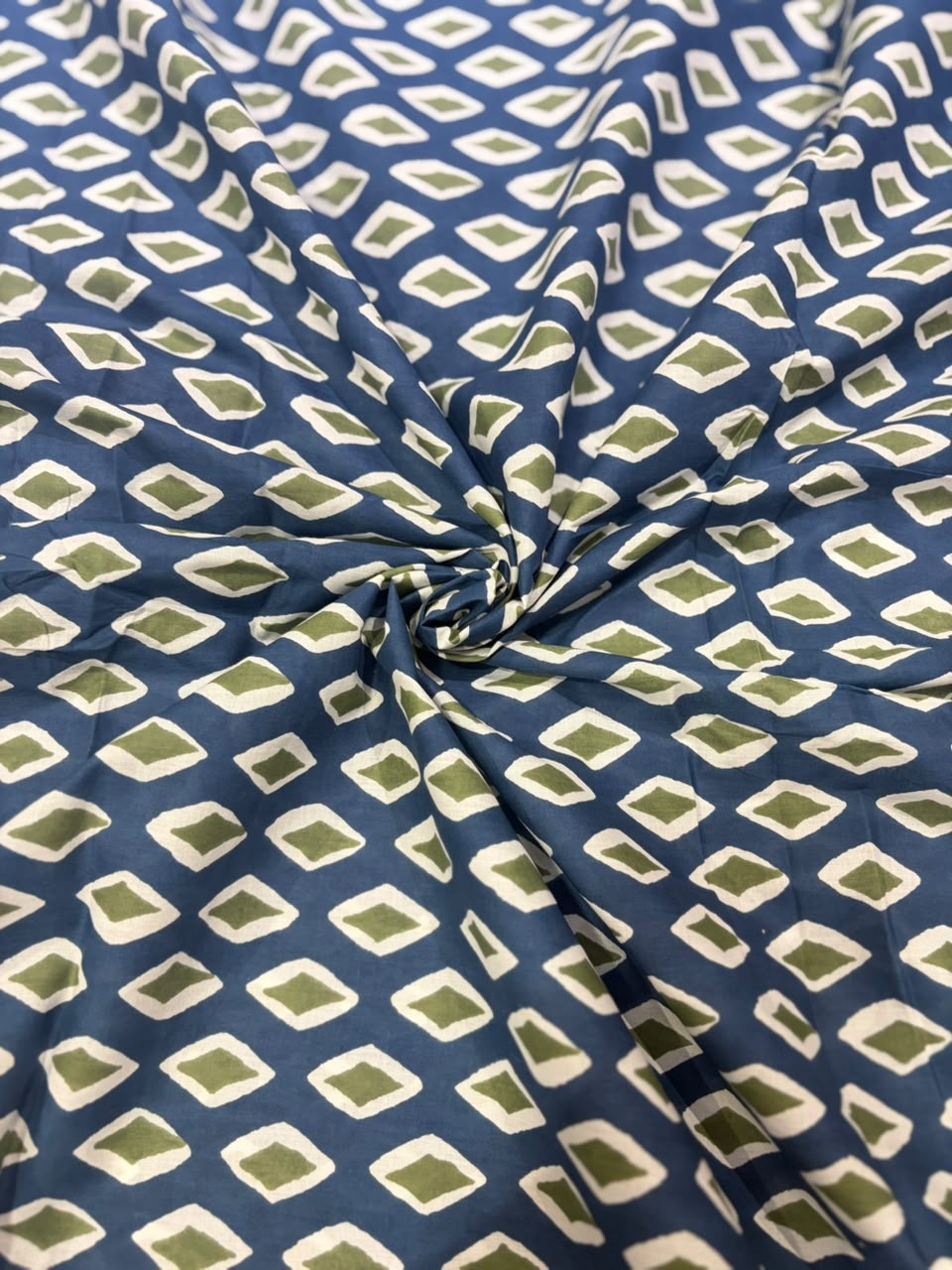 Indigo & Olive Green Diamond Geometric Block Printed Pure Cotton Fabric