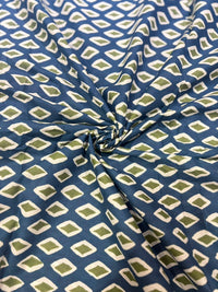 Indigo & Olive Green Diamond Geometric Block Printed Pure Cotton Fabric