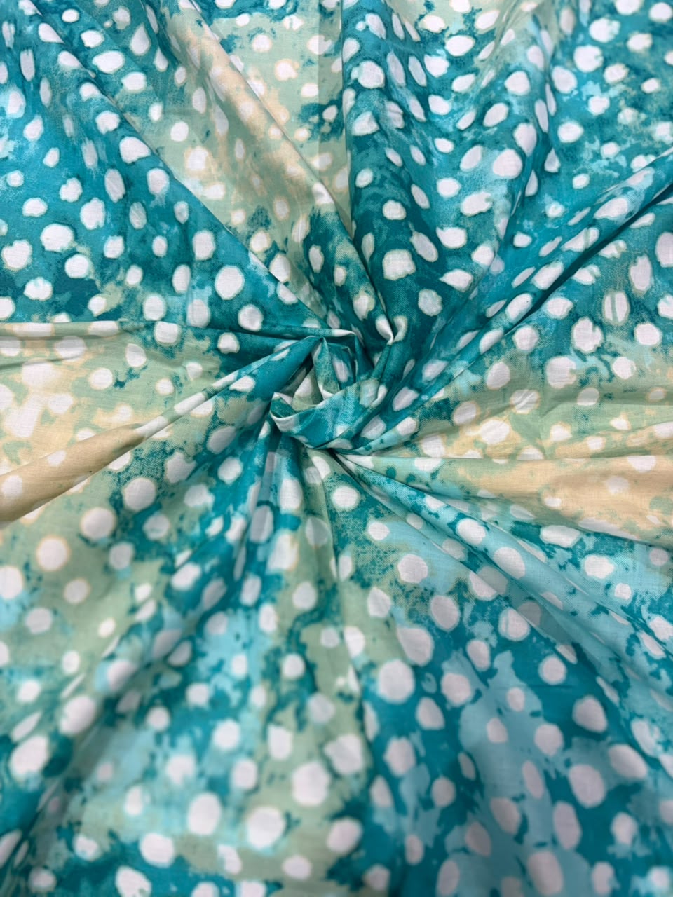 Aqua Teal & Beige Abstract Batik Dot Printed Pure Cotton Fabric