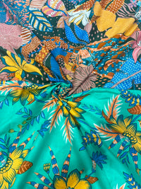 Tropical Botanical & Wildlife Printed Pure Cotton Fabric with Dual-Design Border