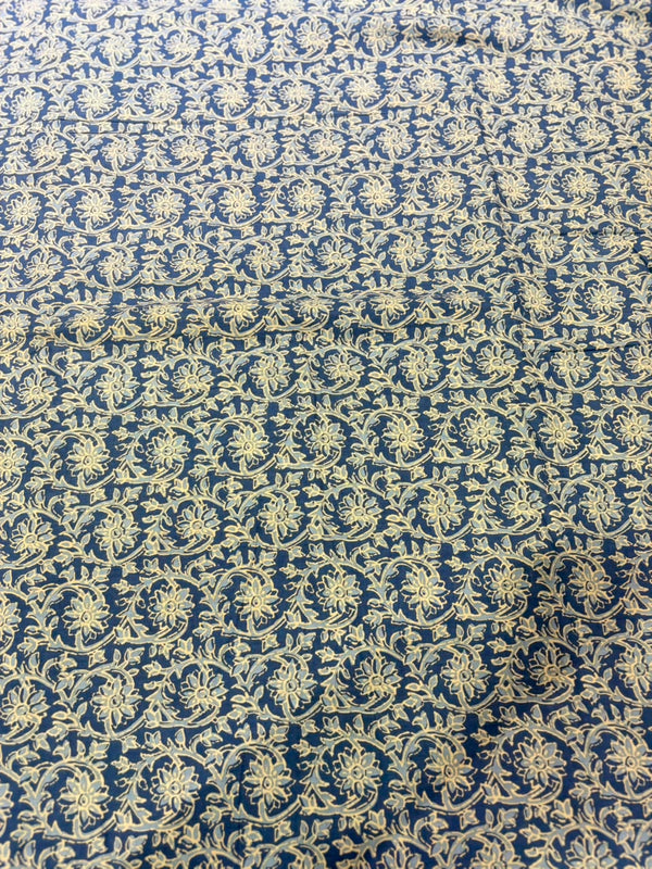 Indigo Blue & Beige Floral Jaal Hand Block Printed Pure Cotton Fabric