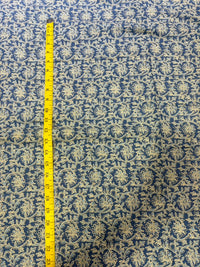 Indigo Blue & Beige Floral Jaal Hand Block Printed Pure Cotton Fabric