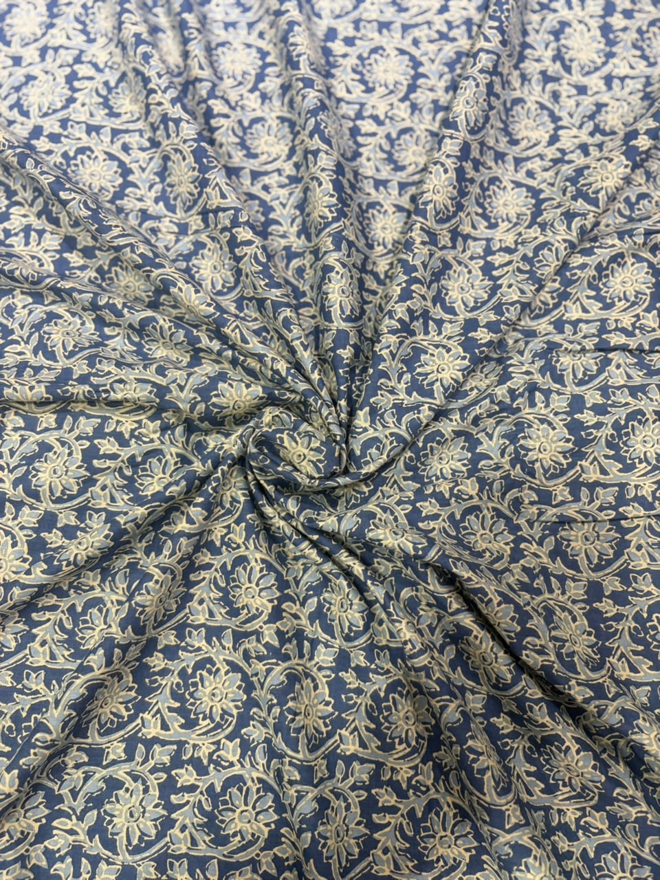 Indigo Blue & Beige Floral Jaal Hand Block Printed Pure Cotton Fabric