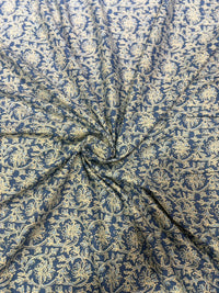 Indigo Blue & Beige Floral Jaal Hand Block Printed Pure Cotton Fabric