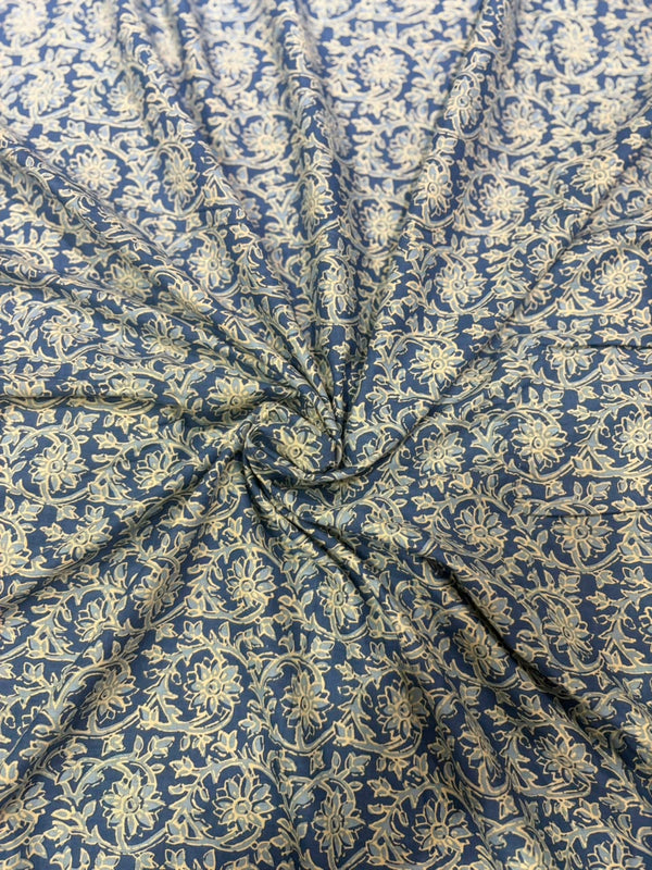 Indigo Blue & Beige Floral Jaal Hand Block Printed Pure Cotton Fabric